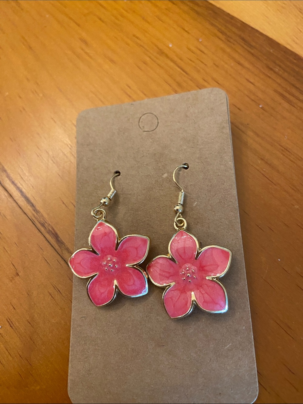 Pink Flower Dangle Earrings - Gold Trim